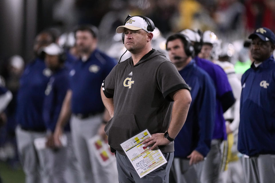 Georgia Tech head coach Brent Key is shown during the first half of an NCAA college football game against Georgia, Saturday, Nov. 25, 2023, in Atlanta. (AP Photo/John Bazemore)