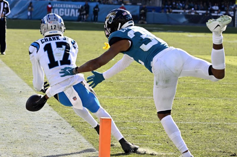 Wide receiver D.J. Chark Jr. (L) caught passes from Carolina Panthers quarterback Bryce Young in 2023. File Photo by Joe Marino/UPI