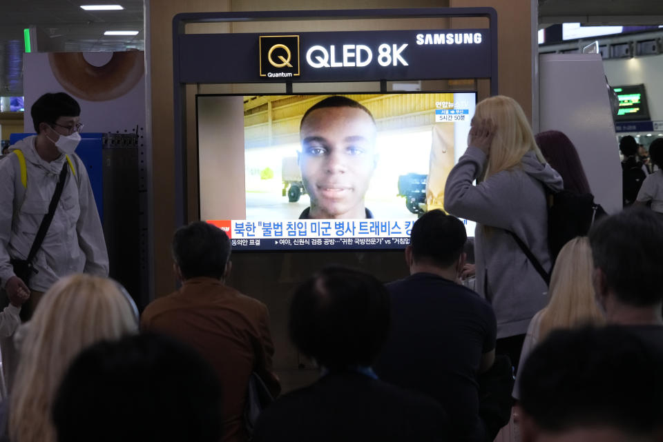 A TV screen shows a file image of American soldier Travis King during a news program at the Seoul Railway Station in Seoul, South Korea, Wednesday, Sept. 27, 2023. North Korea said Wednesday that it will expel King who crossed into the country through the heavily armed border between the Koreas in July. (AP Photo/Ahn Young-joon)