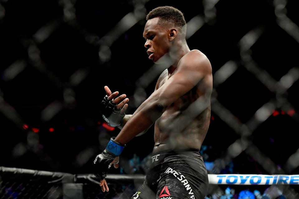 Israel Adesanya celebrates his victory over Derek Brunson in their middleweight bout during UFC 230 at Madison Square Garden on Nov. 3, 2018 in New York City. (Getty Images)