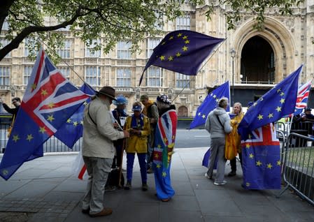 Anti-Brexit protesters demonstrate outside the Houses of Parliament in Westminster in London