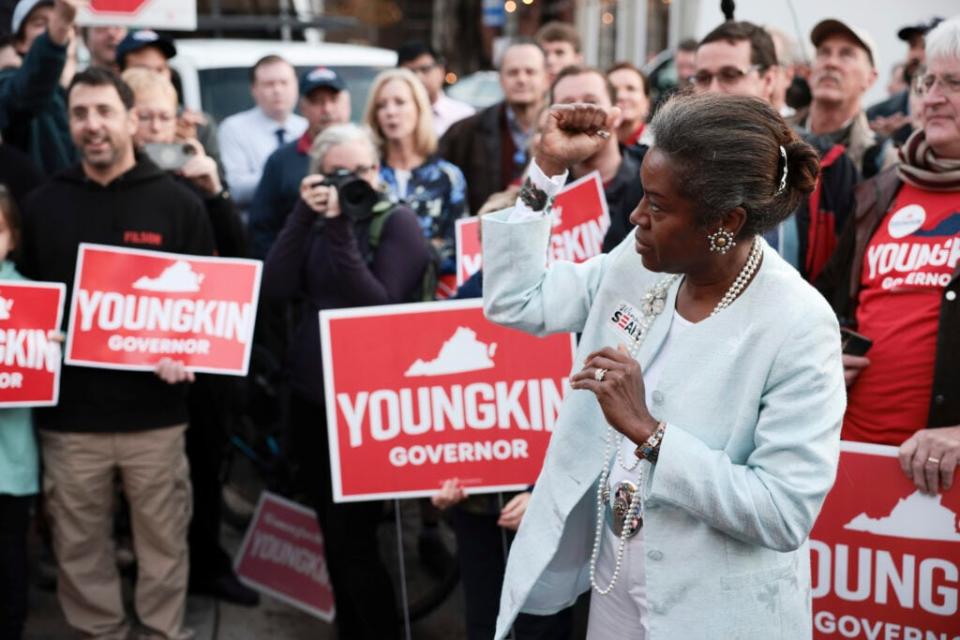 Virginia Republican candidate for Lieutenant Governor Winsome Sears gestures as she delivers remarks to supporters at the Old Town Alexandria Farmers Market on October 30, 2021 in Alexandria, Virginia. (Photo by Anna Moneymaker/Getty Images)