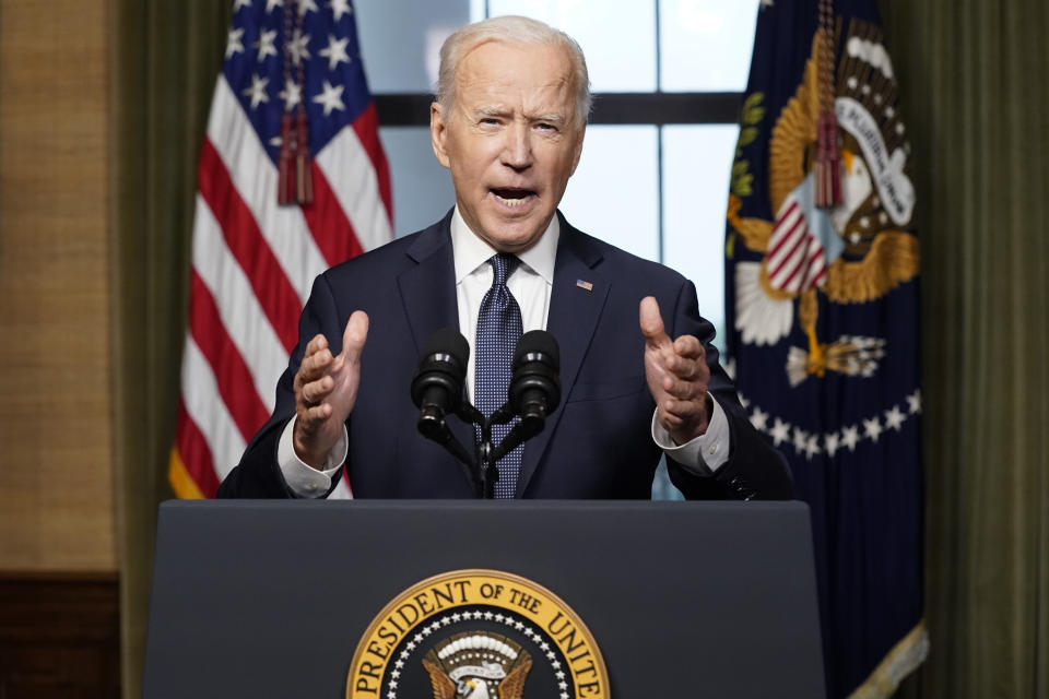 FILE - In this April 14, 2021, file photo, President Joe Biden speaks from the Treaty Room in the White House, about the withdrawal of the remainder of U.S. troops from Afghanistan. The final phase of ending America's “forever war” in Afghanistan after 20 years formally began Saturday, May 1, 2021, with the withdrawal of the last U.S. and NATO troops by the end of summer. (AP Photo/Andrew Harnik, File)