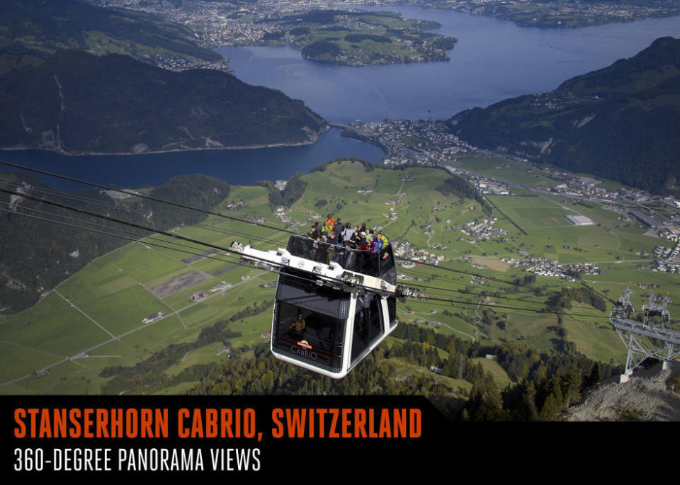 <p>Stanserhorn Cabrio can carry 60 people at a time near the top of Switzerland's 6,233-foot-tall Mount Stanserhorn. But what really gives visitors the "wow" factor is that this is world's first cable car with a roofless upper deck (it moves on side-mounted support cables), letting people on the top of the double-decker cable car bask in 360-degree panorama views. The lower level has wall-to-wall windows, but a staircase leads to the sun deck, with room for an additional 30 visitors.</p>