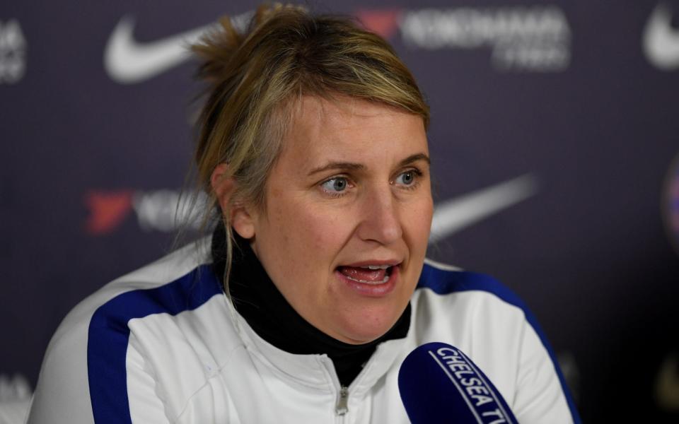 Emma Hayes, Manager of Chelsea speaks to media during a Chelsea FC Women's Press Conference at Chelsea Training Ground on February 26, 2020 in Cobham, England - Getty Images