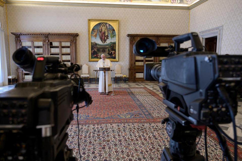 Pope Francis delivers the weekly Angelus prayer via video at the Vatican, March 15, 2020. Vatican Media/­Handout via REUTERS ATTENTION EDITORS - THIS IMAGE WAS PROVIDED BY A THIRD PARTY.