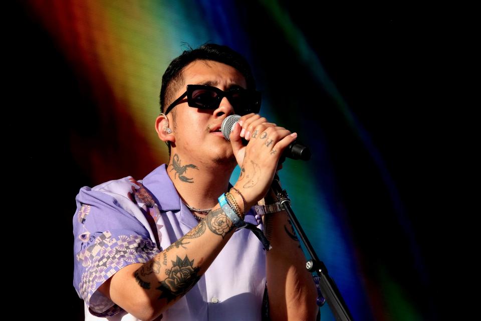 Singer-songwriter Cuco performs with his bandmates at the Coachella Valley Music and Arts Festival in Indio, Calif. on April 23. 2022.