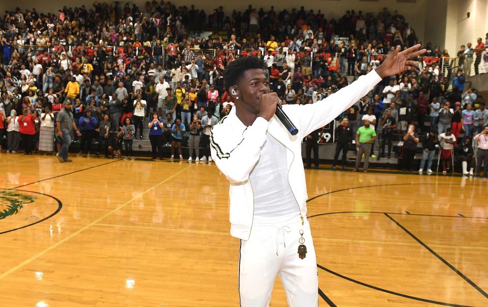 Lil Nas X makes a surprise visit to his former high school during Hot 107.9 Pep Rally at Lithia Springs High School on September 10, 2019 in Lithia Springs, Georgia.