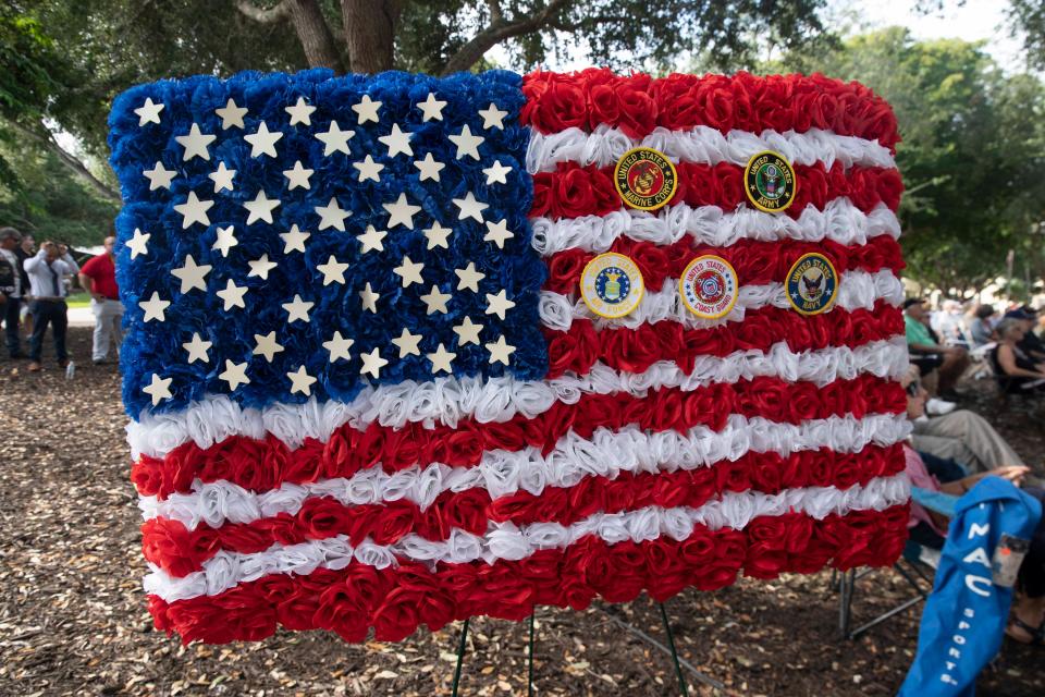 A wreath photographed during a Veterans Day ceremony, Thursday, Nov. 11, 2021, at Cambier Park in Naples, Fla.