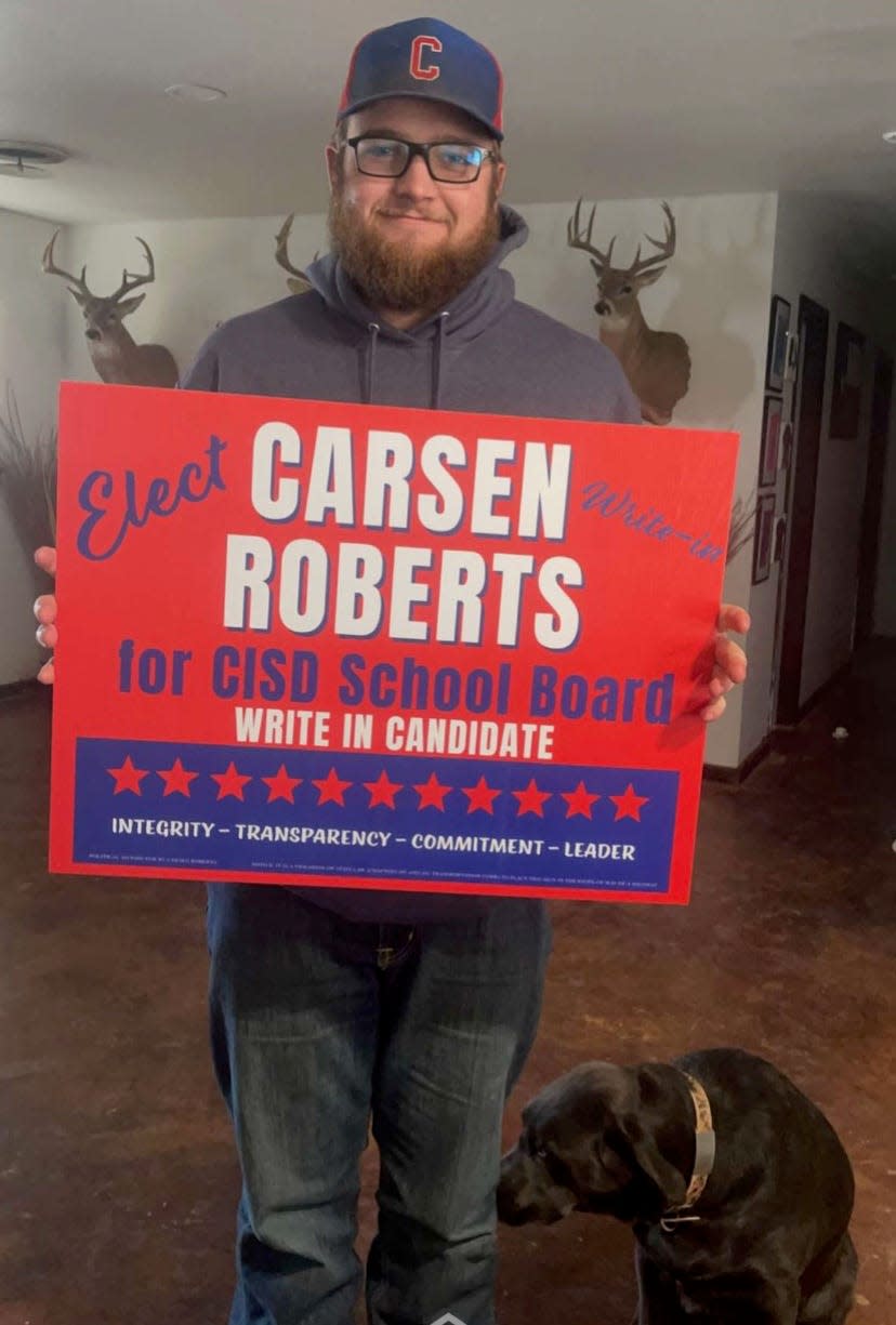 Carsen Roberts took the unusual step of setting out yard signs for his race to join the Claude Independent School Board in 2022.