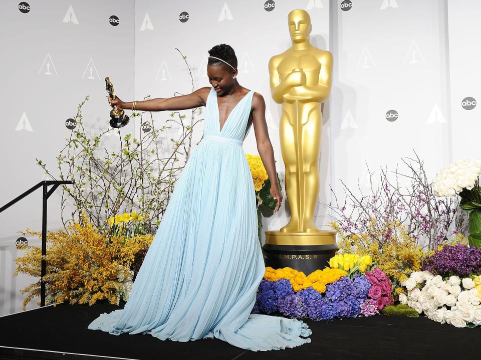 Actress Lupita Nyong'o poses in the press room at the 86th annual Academy Awards at Dolby Theatre on March 2, 2014 in Hollywood, California.