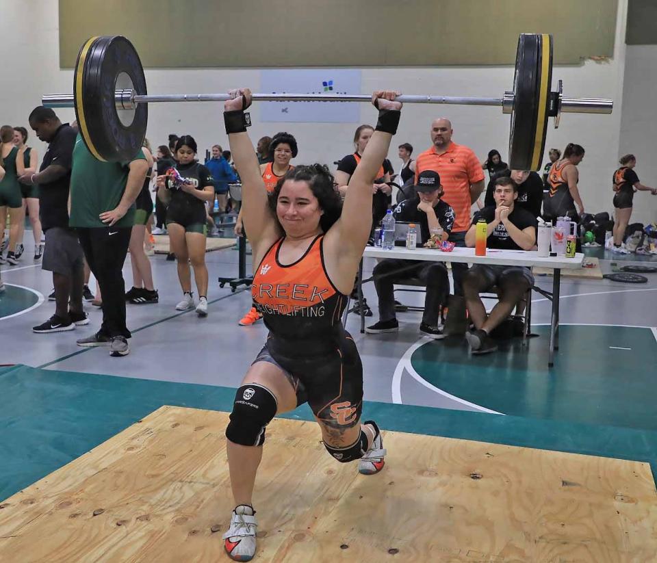 Alliyah Mills won individual Olympic and traditional weightlifting golds at the District 4-3A meet Wednesday, Jan. 24, 2024, at Flagler Palm Coast High School.