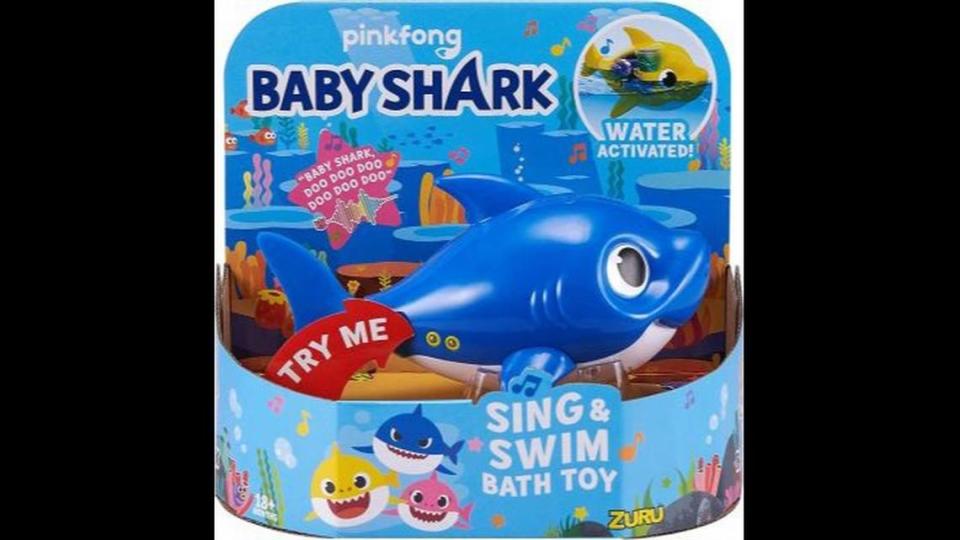 Robo Alive Junior Baby Shark Sing & Swim Bath Toy in blue. It also comes in pink and yellow.