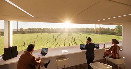 An artist’s rendering of the press box at Saxon Hill Sports Complex, which will serve the rugby field and track.