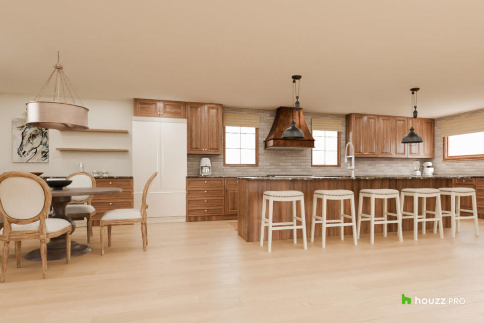 <p>Houzz</p>Chris Stapleton's Kitchen<p>Okay, some of you wish we led with Chris's kitchen. Designed as a sprawling transitional kitchen, inspired by the rugged charm of the American heartland, the room exudes his down-to-earth persona, and plenty of warmth and character for home cooking and entertaining.</p><ul><li>Shaker-style wood cabinets</li><li>Copper-hammered range hood</li><li>Dark granite countertop</li><li>Expansive island with five white counter-height stools</li><li>Bar station</li><li>Industrial light fixtures</li><li>Round dining table in the eat-in kitchen</li><li>Stone tile backsplash and accent walls</li><li>Light wood floors.</li></ul><p><strong>Tour the <a href="https://www.houzz.com/for-pros/feature-3d-floor-plan?chrisstapletonkitchen#3dstories" rel="nofollow noopener" target="_blank" data-ylk="slk:3D Floor Plan;elm:context_link;itc:0;sec:content-canvas" class="link ">3D Floor Plan</a>, and get the look from this kitchen on the <a href="https://www.houzz.com/ideabooks/174517125/thumbs/chris-stapleton" rel="nofollow noopener" target="_blank" data-ylk="slk:Houzz Shop;elm:context_link;itc:0;sec:content-canvas" class="link ">Houzz Shop</a>.</strong></p>