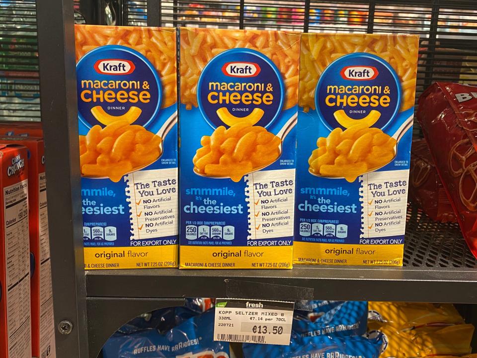 Boxes of Kraft mac and cheese on the shelves of an irish grocery store