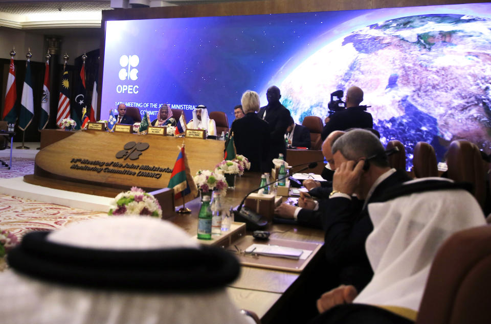 Energy ministers from OPEC and its allies meet to discuss prices and production cuts, in Jiddah, Saudi Arabia, Sunday, May 19, 2019. The meeting takes places as tensions flare in the Persian Gulf after the U.S. ordered bombers and an aircraft carrier to the region over an unexplained threat they perceive from Iran, which comes a year after the U.S. unilaterally pulled out of Tehran's nuclear deal with world powers and reimposed sanctions on Iranian oil. (AP Photo/Amr Nabil)