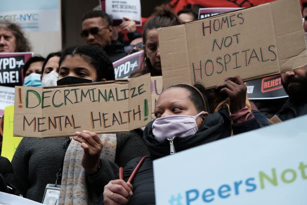 Opponents of New York Mayor Eric Adam's plan to involuntarily send mentally ill homeless people to psychiatric hospitals rally at City Hall on Dec. 8, 2022, in New York City. The mayor's plan has been met with fierce opposition from civic groups, homeless advocates and some law enforcement. 