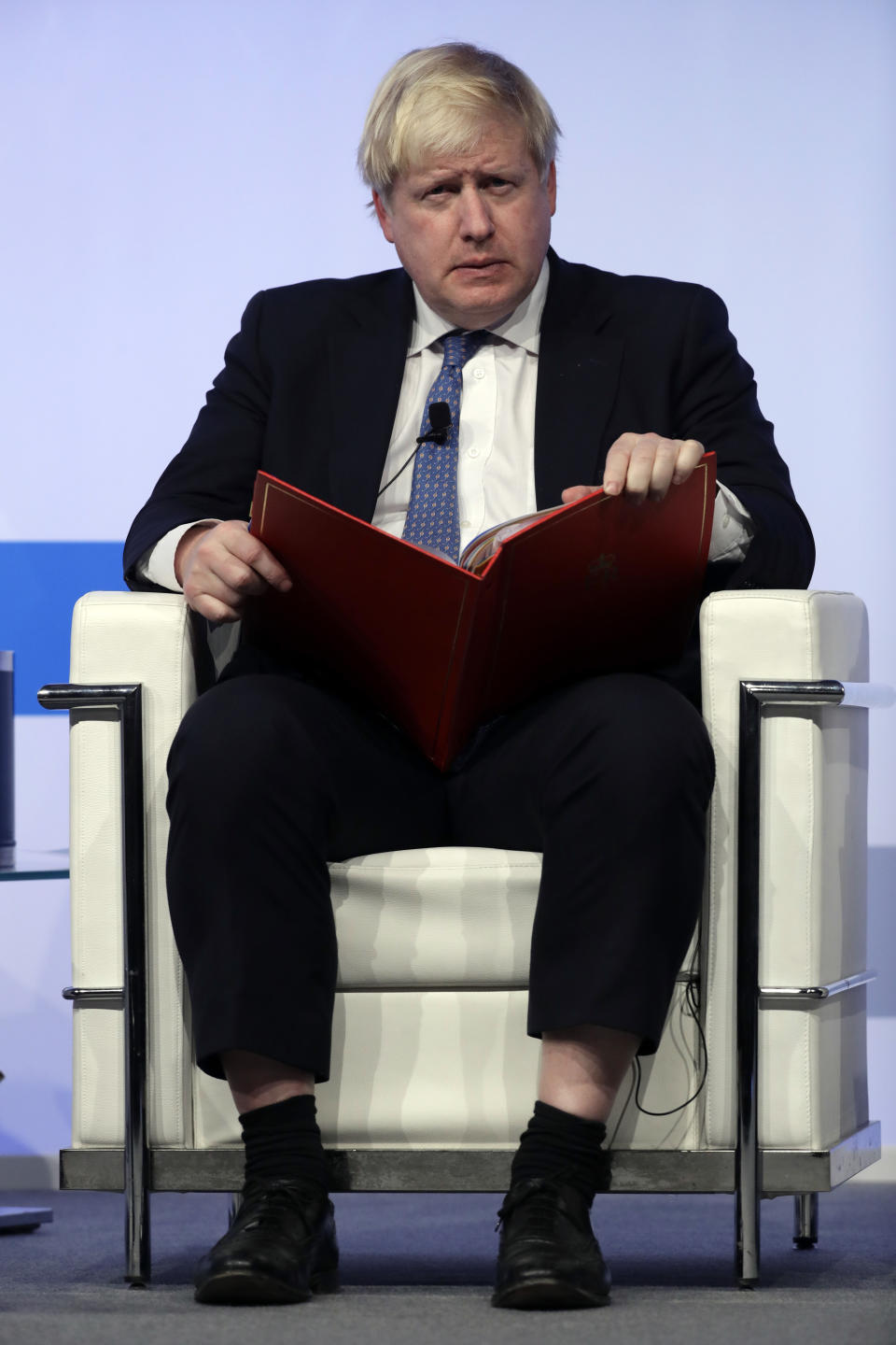 FILE - In this Thursday, Dec. 1, 2016 file photo British Foreign Secretary Boris Johnson attends a Mediterranean Dialogues Summit in Rome. (AP Photo/Gregorio Borgia, File)