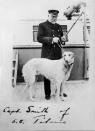 Capt Smith with a dog on the deck of the ship. Three-quarters of the liner's crew came from Southampton, many toiling as stokers in the ship's engine rooms or as stewards tending to the needs of passengers.