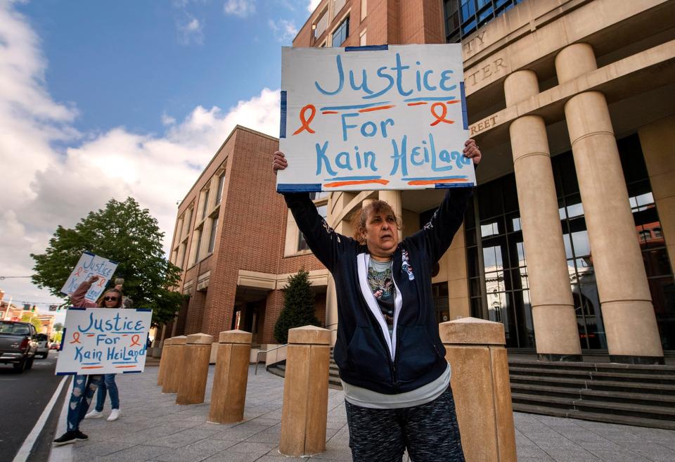 Linda Arvin, grandmother of Kain Heiland, holds a protest in front of the York County Judicial Center Monday seeing justice for the shooting death of her grandson. 