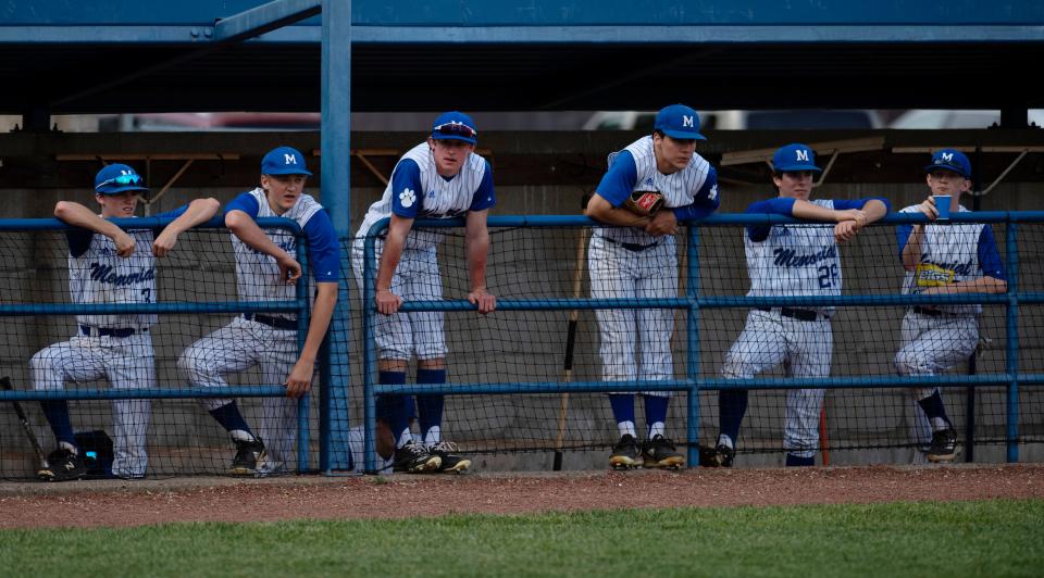 The Memorial dugout looks on during their game against Jasper at Memorial's Stone Field Monday afternoon, May 2, 2022.