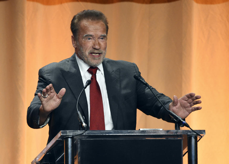 Host Arnold Schwarzenegger addresses the audience at the 2019 Hollywood Foreign Press Association's Annual Grants Banquet at the Beverly Wilshire Hotel, Wednesday, July 31, 2019, in Beverly Hills, Calif. (Photo by Chris Pizzello/Invision/AP)