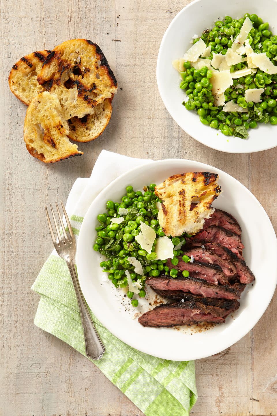 Grilled Cumin-Rubbed Hanger Steak with Smashed Minty Peas and Grilled Bread