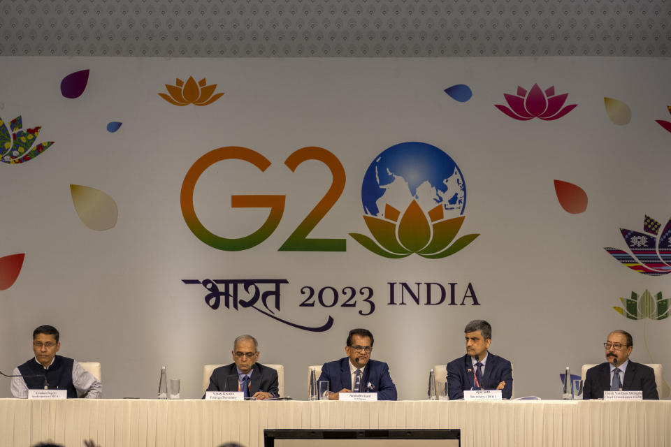 G20 Summit sherpa Amitabh Kant, center, addresses a press conference at the International Media Center ahead of the summit in New Delhi, India, Friday, Sept. 8, 2023. Leaders of the Group of 20 leading rich and developing countries are gathering in New Delhi this weekend for their annual summit. (AP Photo/Dar Yasin)