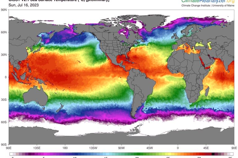Estas imágenes en tiempo real de la temperatura diaria de la superficie del mar muestra máximos históricos en el Atlántico norte (Fuente: Climate Reanalyzer)