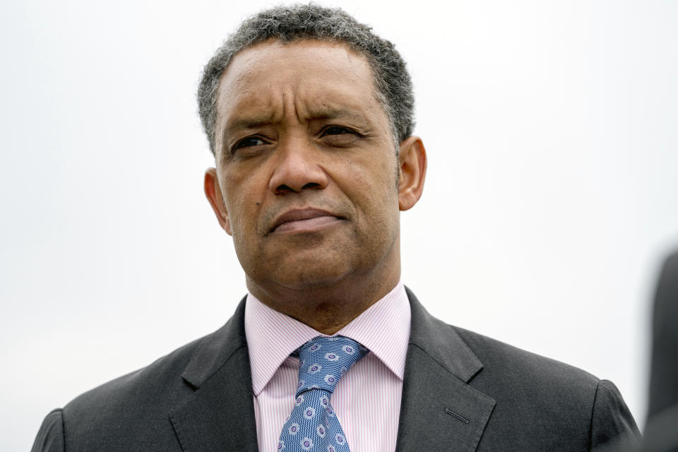 FILE - District of Columbia Attorney General Karl Racine attends a news conference near the White House in Washington, Feb. 26, 2018. On Monday, May 23, 2022, the District of Columbia sued Meta chief Mark Zuckerberg, seeking to hold him personally liable for the Cambridge Analytica scandal, a privacy breach of millions of Facebook users’ personal data that became a major corporate and political scandal. Racine filed the civil lawsuit against Zuckerberg in D.C. Superior Court. (AP Photo/Andrew Harnik, File)