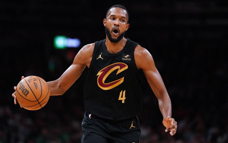 Cavaliers forward Evan Mobley dribbles against the Celtics in the first quarter during Game 2 of the Eastern Conference semifinals, May 9, 2024, in Boston.