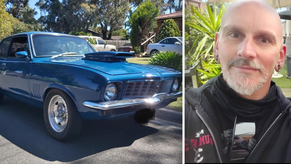 Left - Mr Robertson's blue Torana. Right - Stuart Robertson with a grey goatee and leather jacket.