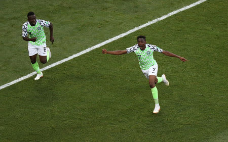 Soccer Football - World Cup - Group D - Nigeria vs Iceland - Volgograd Arena, Volgograd, Russia - June 22, 2018 Nigeria's Ahmed Musa celebrates scoring their first goal REUTERS/Sergio Perez