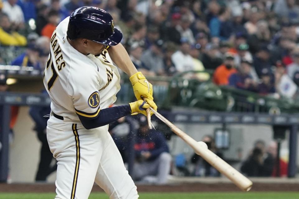 Milwaukee Brewers' Willy Adames breaks his bat as he grounds out during the third inning of a baseball game against the Houston Astros Wednesday, May 24, 2023, in Milwaukee. (AP Photo/Morry Gash)