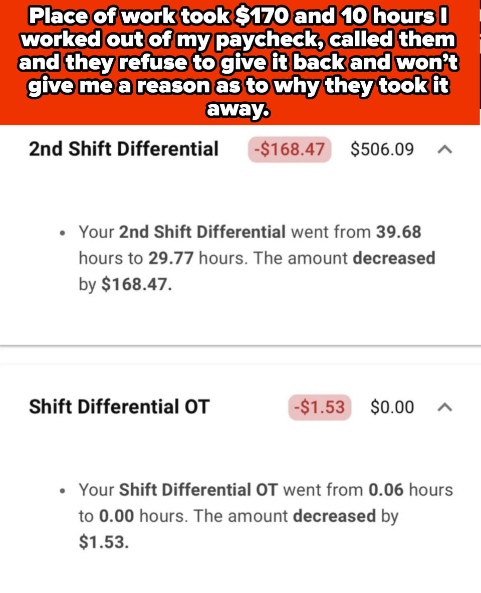 Text summarizing a shift differential reduction, with amounts for 2nd Shift Differential reduced by $168.47 from 39.68 to 29.77 hours and Shift Differential OT reduced by $1.53