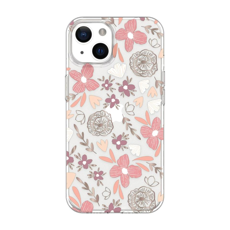 pink, brown and coral floral and clear phone case