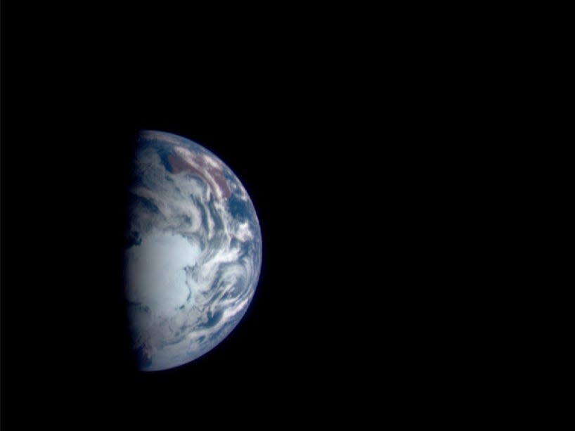 The Earth is shown in a picture taken from space, from above its pole.