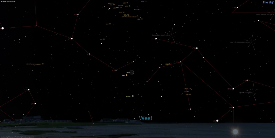 an illustration of the night sky showing the moon just above Mars. both are surrounded by stars