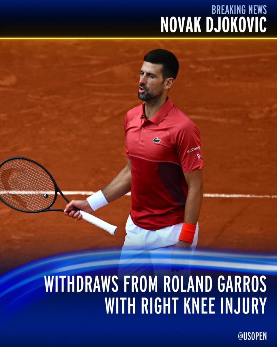 Novak Djokovic因右膝受傷退賽。（翻攝US Open Tennis Championships 臉書粉專）