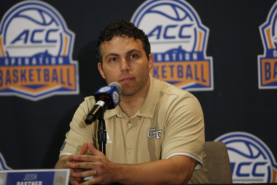 Georgia Tech basketball coach Josh Pastner answers a question during the Atlantic Coast Conference NCAA college basketball media day in Charlotte, N.C., Tuesday, Oct. 8, 2019. (AP Photo/Nell Redmond)