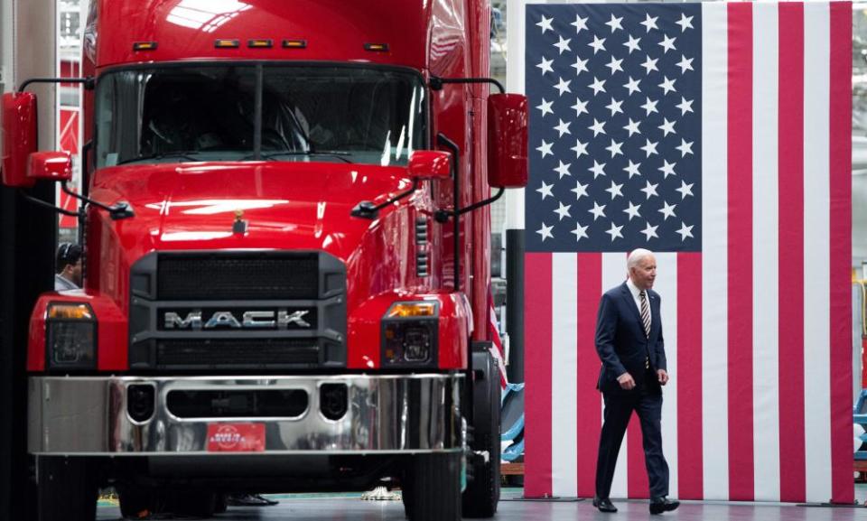 Joe Biden arrives to speak about manufacturing after touring the Mack truck factory in Macungie, Pennsylvania