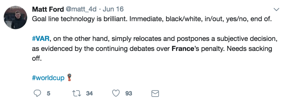 This fan does not believe VAR has improved decision-making in football. (Twitter)