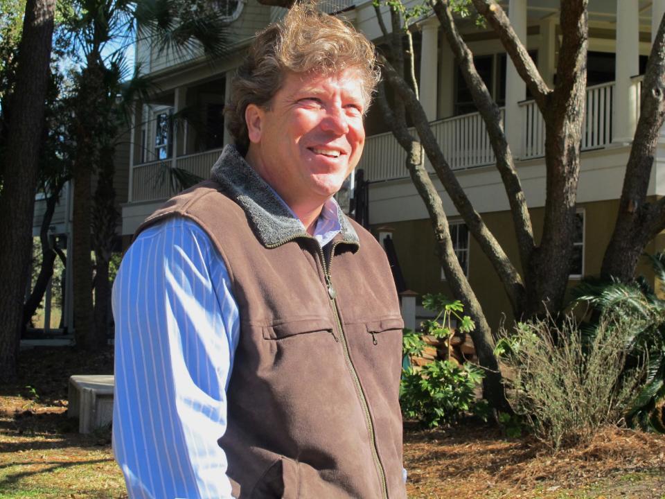 Teddy Turner, son of media magnate Ted Turner, poses outside his home in Mount Pleasant, S.C., on Tuesday, Jan. 22, 2012. Turner is now one of at least 10 Republicans and two Democrats seeking former U.S. Rep. Tim Scott’s old seat in a district reaching from the sea islands northeast of Charleston southwest to the gated communities on the resort of Hilton Head Island. (AP Photo/Bruce Smith)