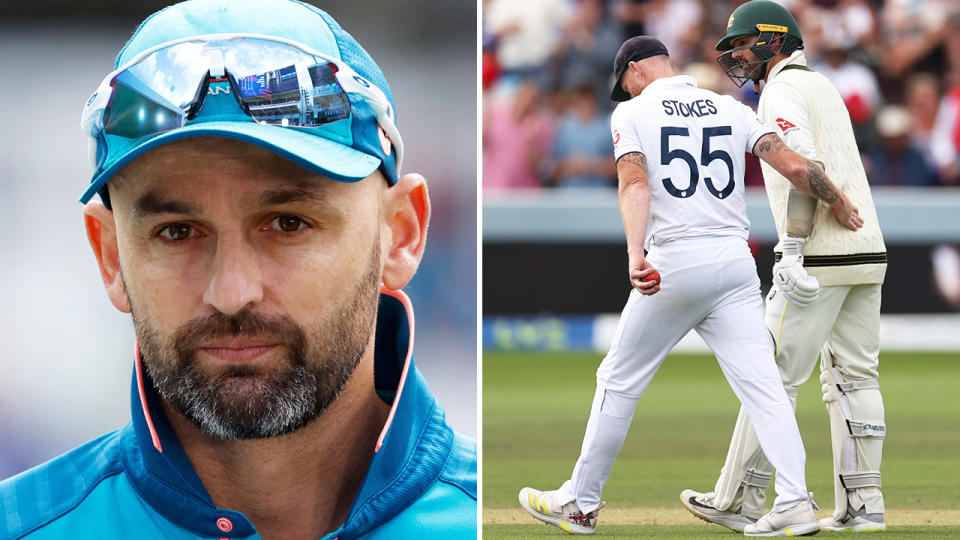 Nathan Lyon is pictured left, and seen in conversation with England captain Ben Stokes during the Ashes on the right.