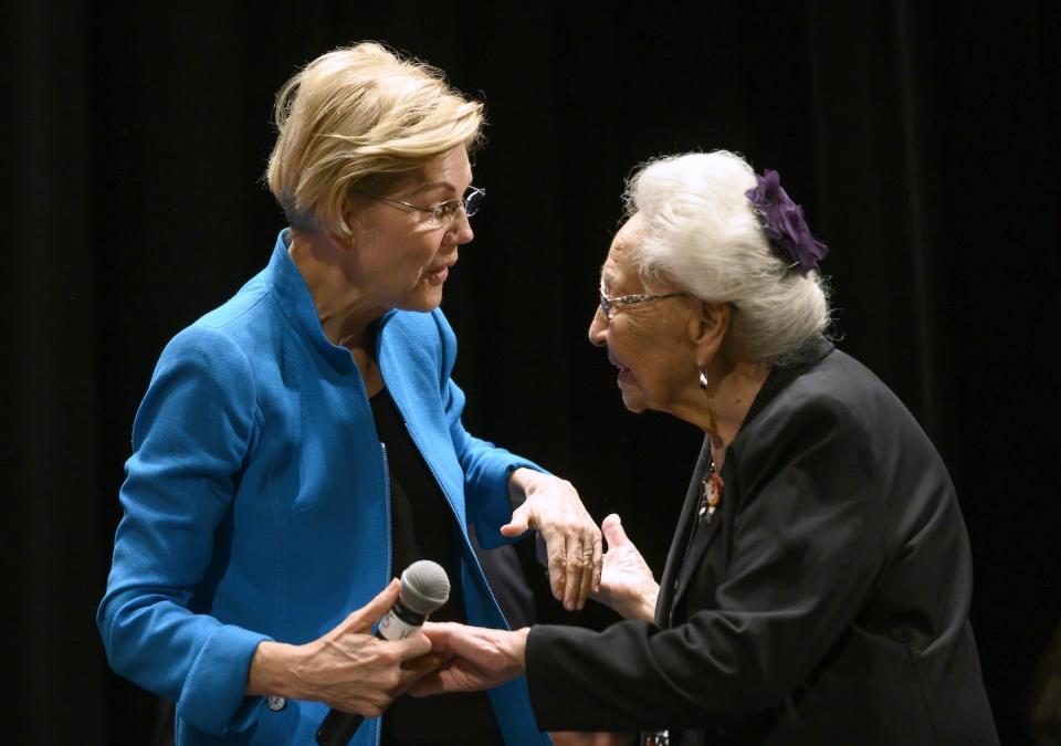 U.S. Sen. Elizabeth Warren apologized in 2019 for using a DNA test to support identifying herself as Native American. Here, she speaks with Lakota elder Marcella LeBeau. <a href="https://media.gettyimages.com/photos/democratic-presidential-candidate-sen-elizabeth-warren-is-escorted-on-picture-id1162749099?s=2048x2048" rel="nofollow noopener" target="_blank" data-ylk="slk:Photo by Stephen Maturen/Getty Images;elm:context_link;itc:0;sec:content-canvas" class="link ">Photo by Stephen Maturen/Getty Images</a>