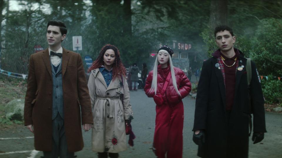 (L to R) George Rexstrew as Edwin Payne, Kassius Nelson as Crystal Palace, Yuyu Kitamura as Niko Sasaki, and Jayden Revri as Charles Rowland in episode four of *Dead Boy Detectives*.
