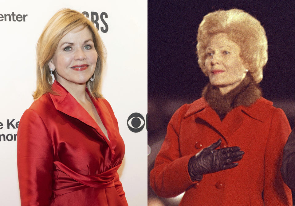 Singer Renée Fleming appears at the 44th Annual Kennedy Center Honors gala in Washington on Dec. 5, 2021, left, and first lady Pat Nixon appears in Camp Springs, Md. after her trip to China with President Richard Nixon on Feb. 28, 1972. Fleming is portraying Nixon in a production of John Adams' "Nixon in China" at the Paris Opera through April 16. (AP Photo)