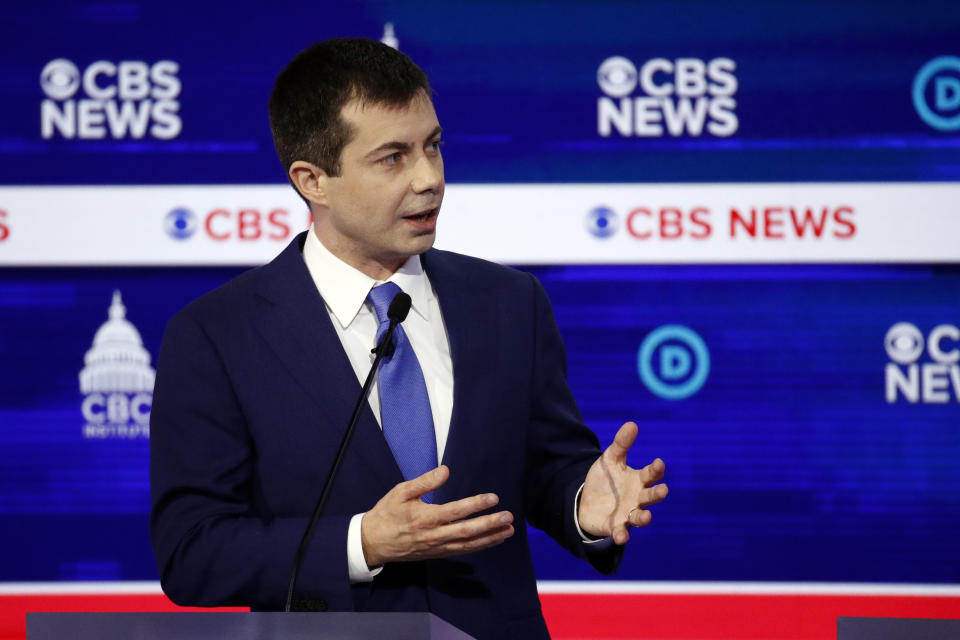 Democratic presidential candidate former South Bend Mayor Pete Buttigieg speaks during a Democratic presidential primary debate at the Gaillard Center, Tuesday, Feb. 25, 2020, in Charleston, S.C., co-hosted by CBS News and the Congressional Black Caucus Institute. (AP Photo/Patrick Semansky)