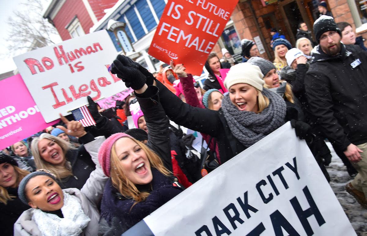 Charlize Theron poses during the Women's March on Main Street Park City on January 21, 2017 in Park City, Utah: Michael Loccisano/Getty